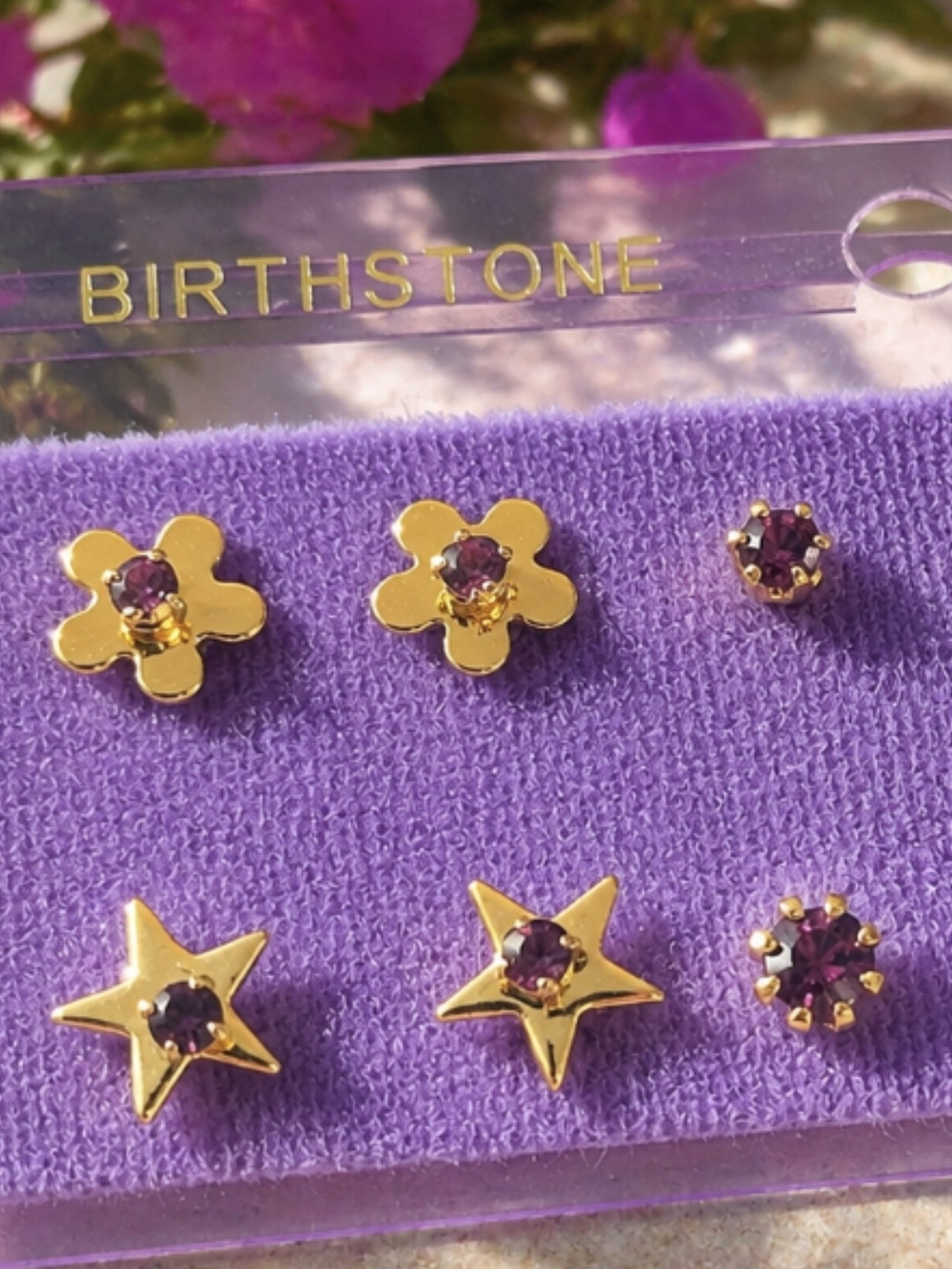 Set Of 6 Pairs  February Gold Earrings With Amethist Stones Cross Stars Flowers - Picture 4 of 4